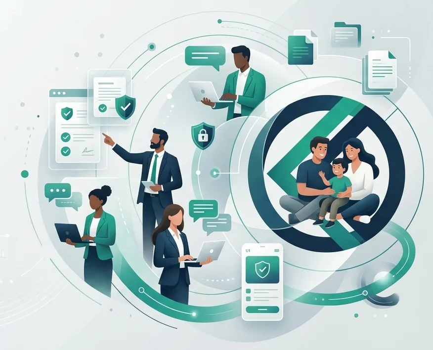 Profesionales, colaboradores y una familia conectados por servicios jurídicos digitales alrededor del símbolo de LEGALIZARTE