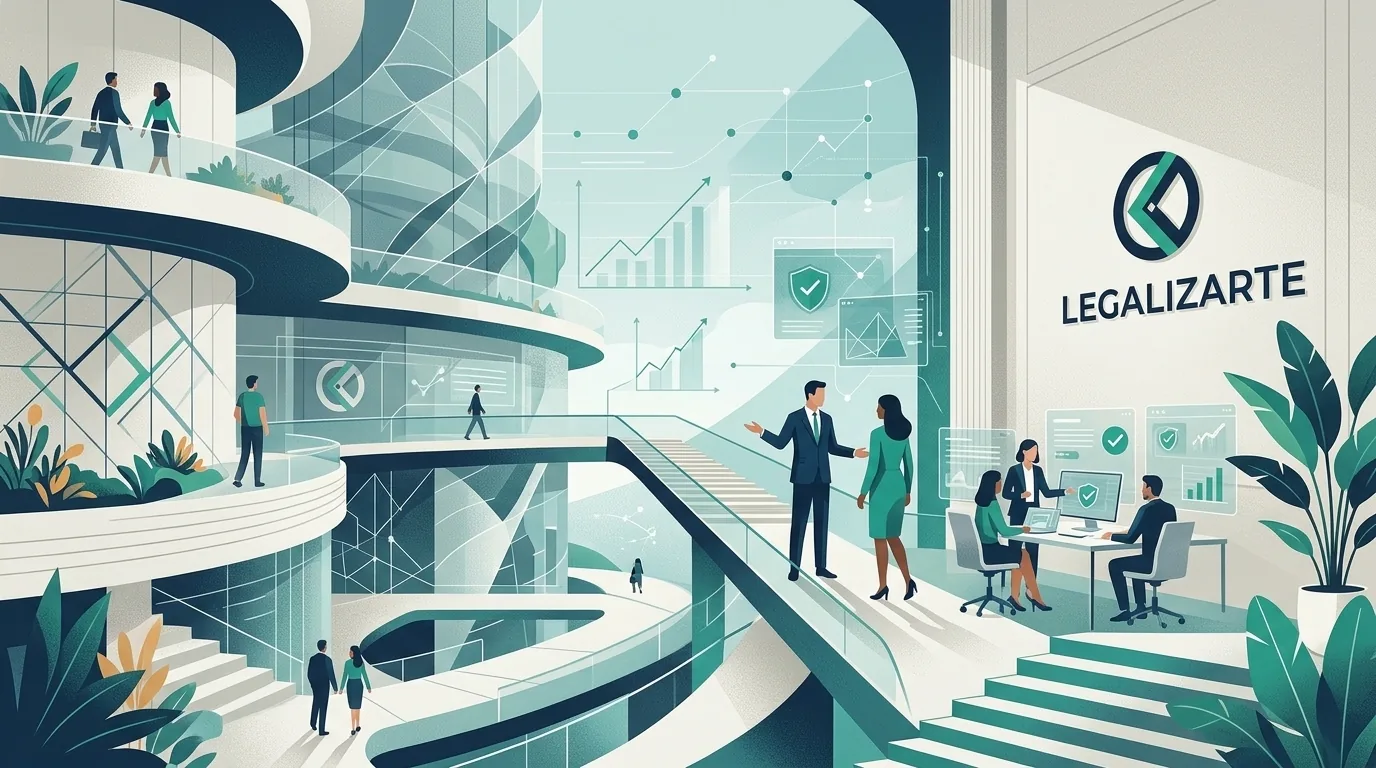 Ilustración de un edificio corporativo con equipos de trabajo y herramientas digitales de seguimiento